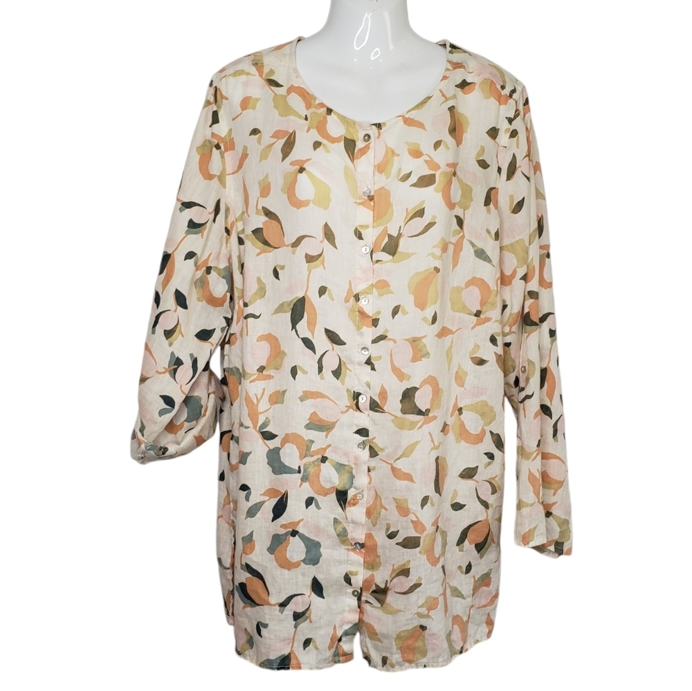 Rachel Zoe Women's Linen Blouse Size 2X Abstract Floral Roll Tab Button Front